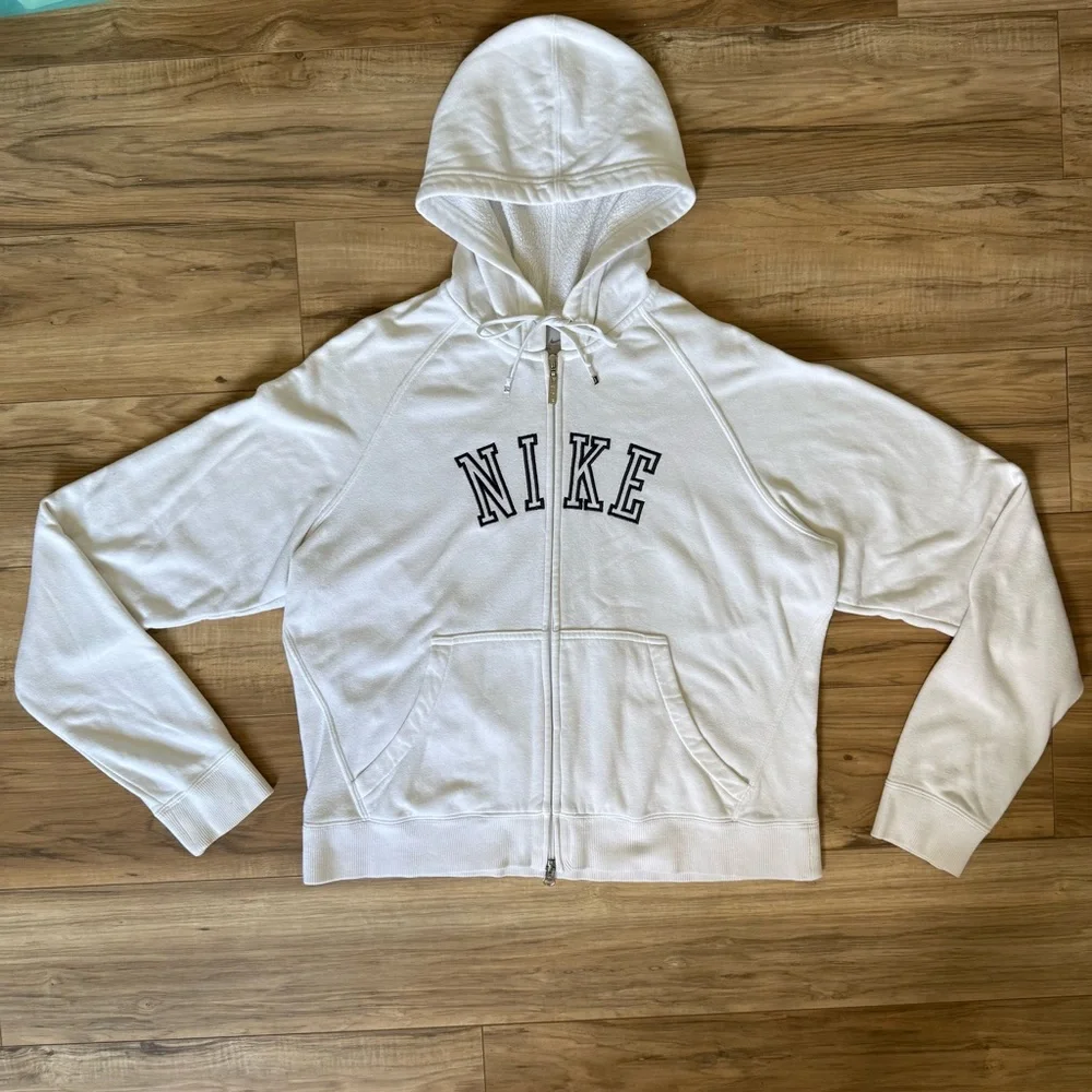 Nike White Embroidered Spell Out Logo Full Zip Up Hoodie Silver Tag Sweatshirt - Picture 1 of 10